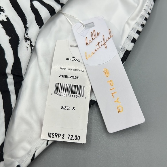 PILYQ Black and White Zebra High Waist Full Bikini Bottoms Women's Size Small - Picture 4 of 8